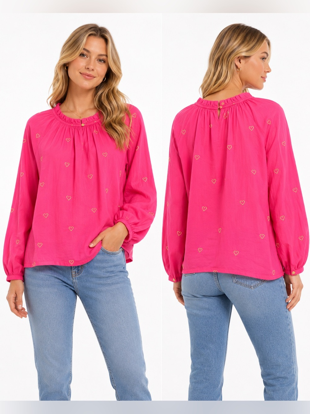 Crown & Ivy Size Small Women's Fuchsia Gold Embroidered Heart-Print Blouse